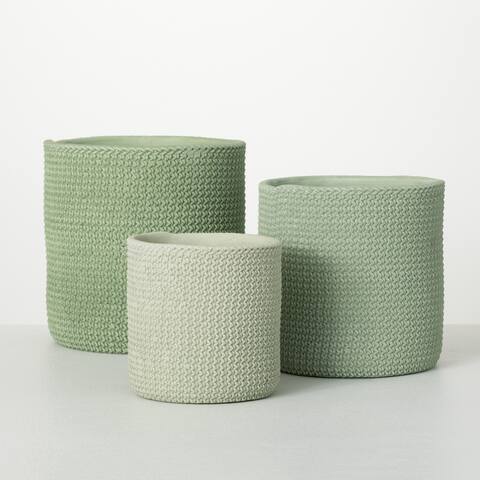 Sullivans 9 in., 7.75 in. and 6.25 in. Woven-Textured Cement Pots - Set of 3; Green