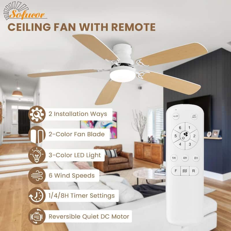 42"/52" Ceiling Fan with Remote,Dual Blade Finish,3CCT LED Light,Plywood Blades,Flush Mount and Downrod Mount