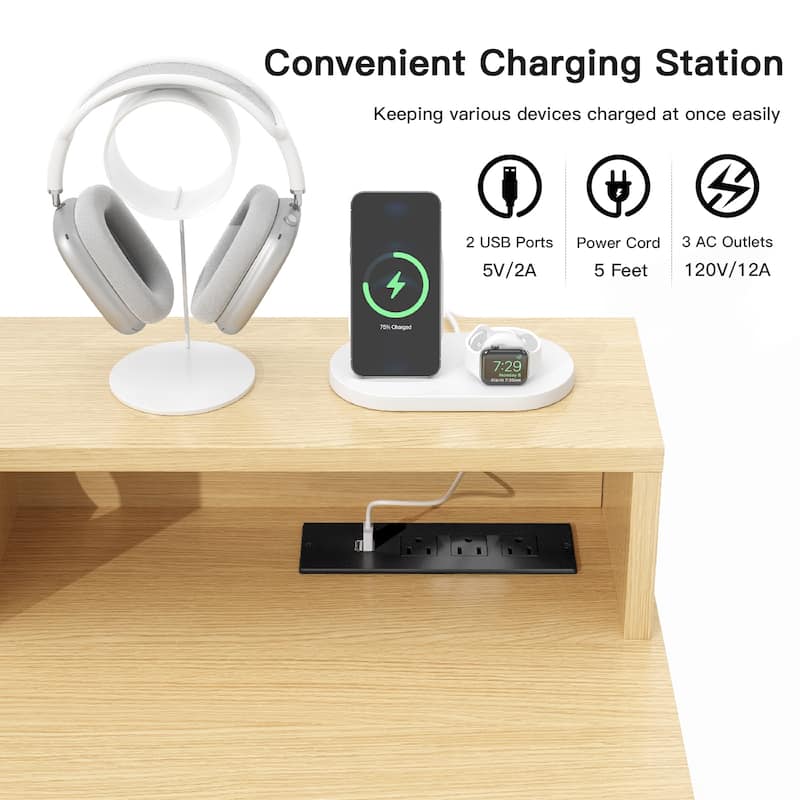Pocassy Fluted Office Desk with Power Outlets Long Monitor Stand