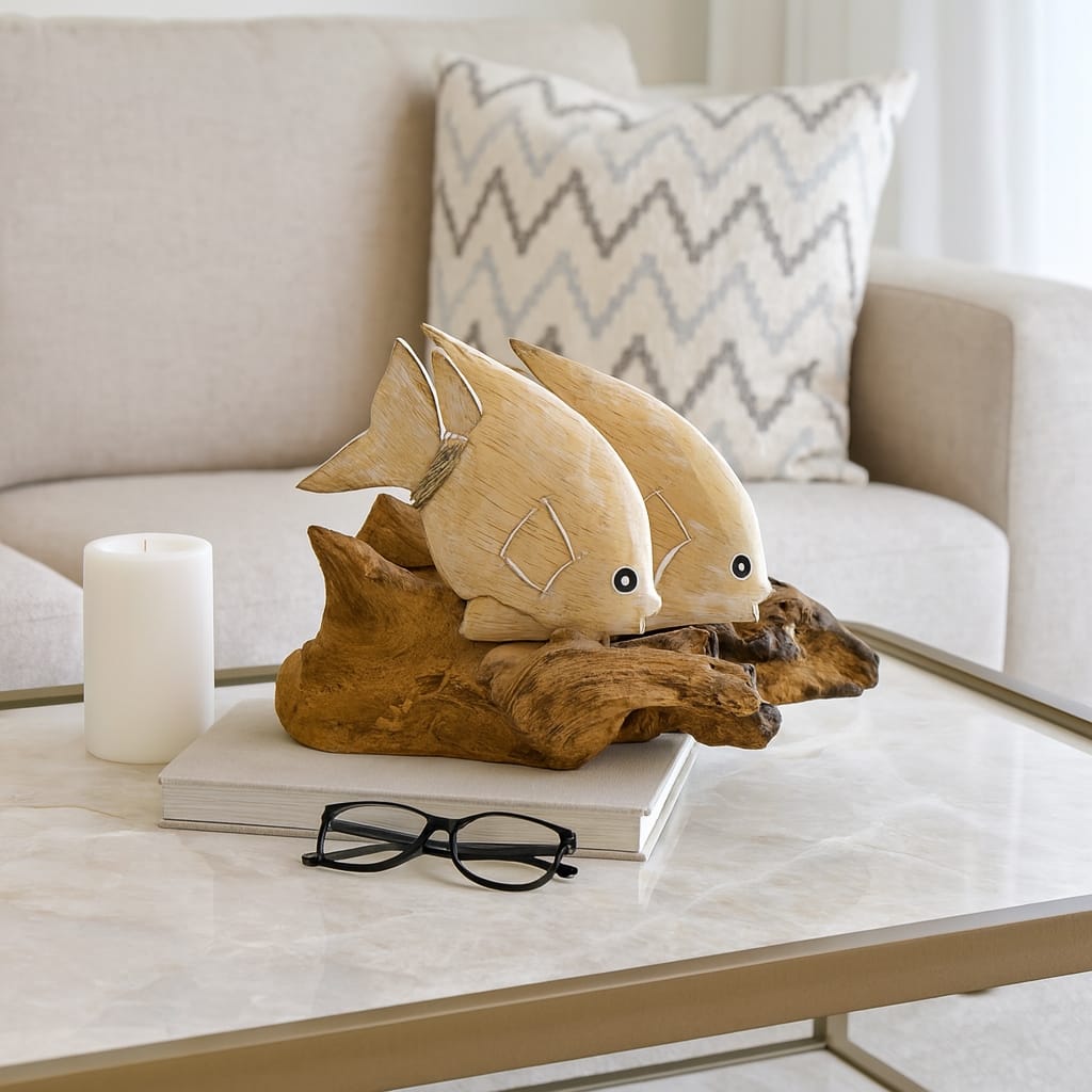 Wooden Swimming Fish on Branch Figurine - White/Brown - 11.75" x 7" x 8"