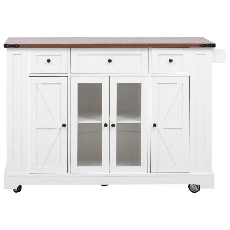 Rolling Kitchen Island with Two Tempered Glass Cabinet Doors & 3 Drawers, Kitchen Cart with Drop Leaf & 5 Open Side Racks