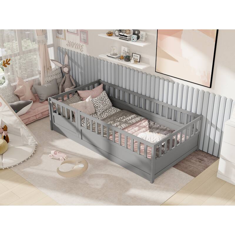 Twin Size Floor Bed with High Security Barrier, Montessori Wooden Frame, Grey