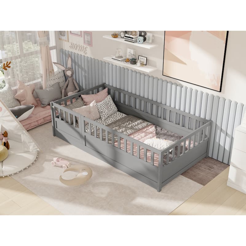 Twin Size Pine Wood Floor Bed, Integral Construction with Super High Security Barrier, Door, Children's Floor Bed Frame