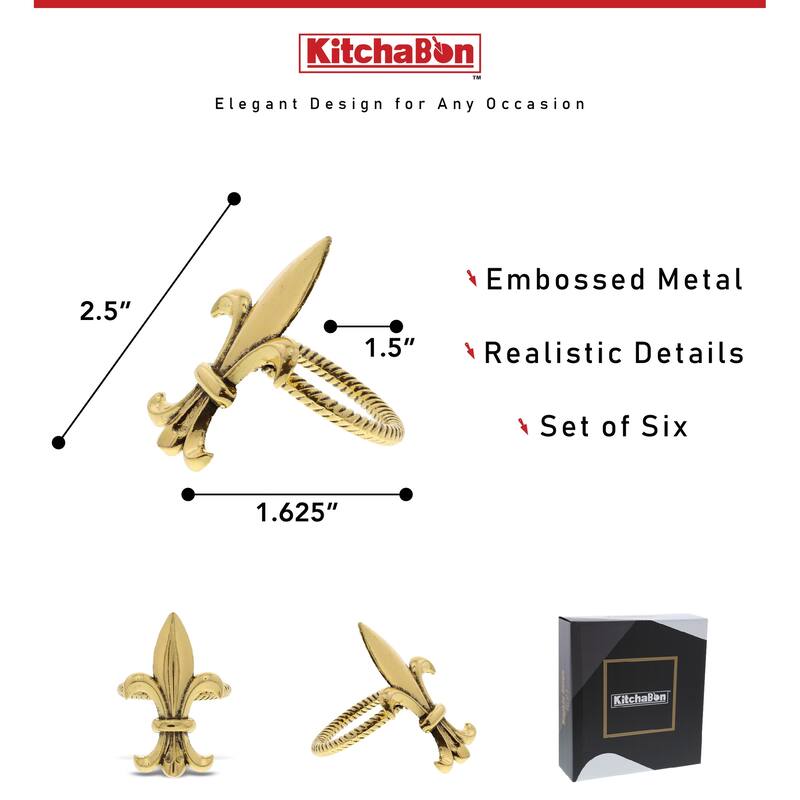 KitchaBon Fleur De Lis Gold Napkin Rings for Table Decor - Set of 6 - 2.15 x 1.3 x 1.65 inches