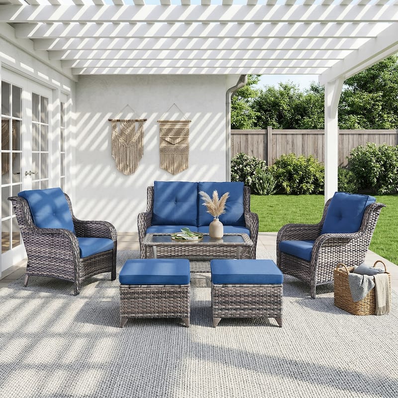 Pocassy Outdoor Patio Wciker Sofa Furniture Set of Chair Table. - Gray Wicker with Blue Cushion - 6-Pieces Loveseat Chair Ottoman w/ Coffee Table