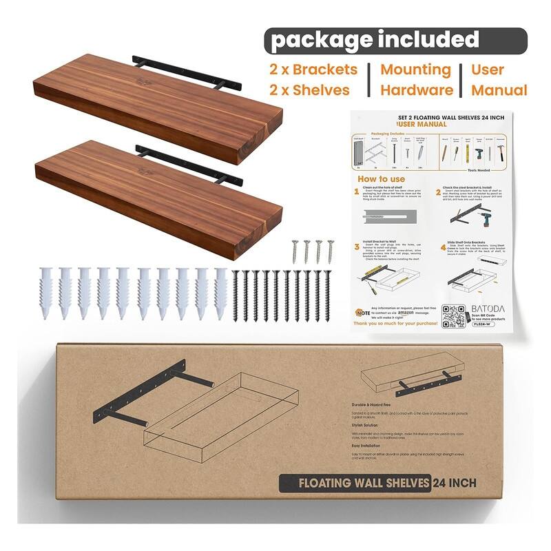 Acacia Wood Floating Shelves Wall Mounted Set of 2