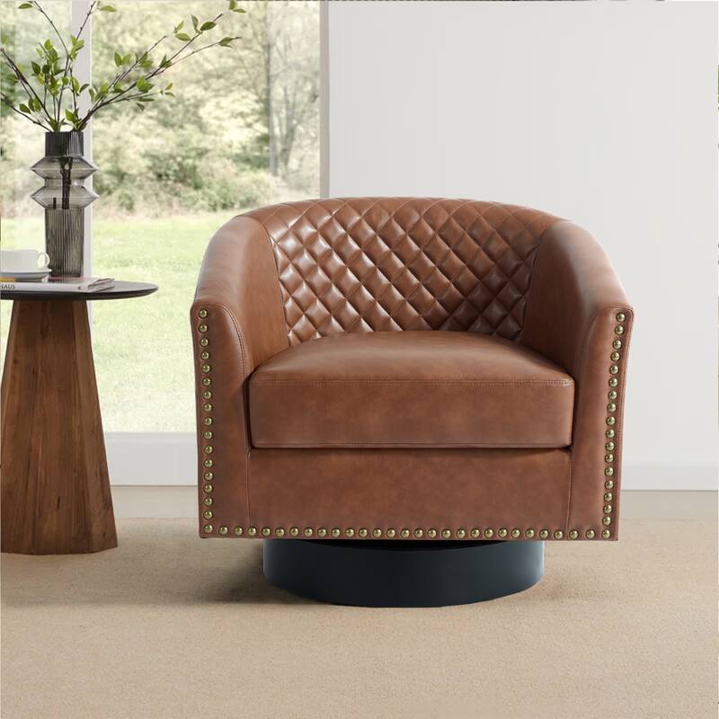 Modern Armchair Faux Leather Nailhead Trim Swivel Accent Chair