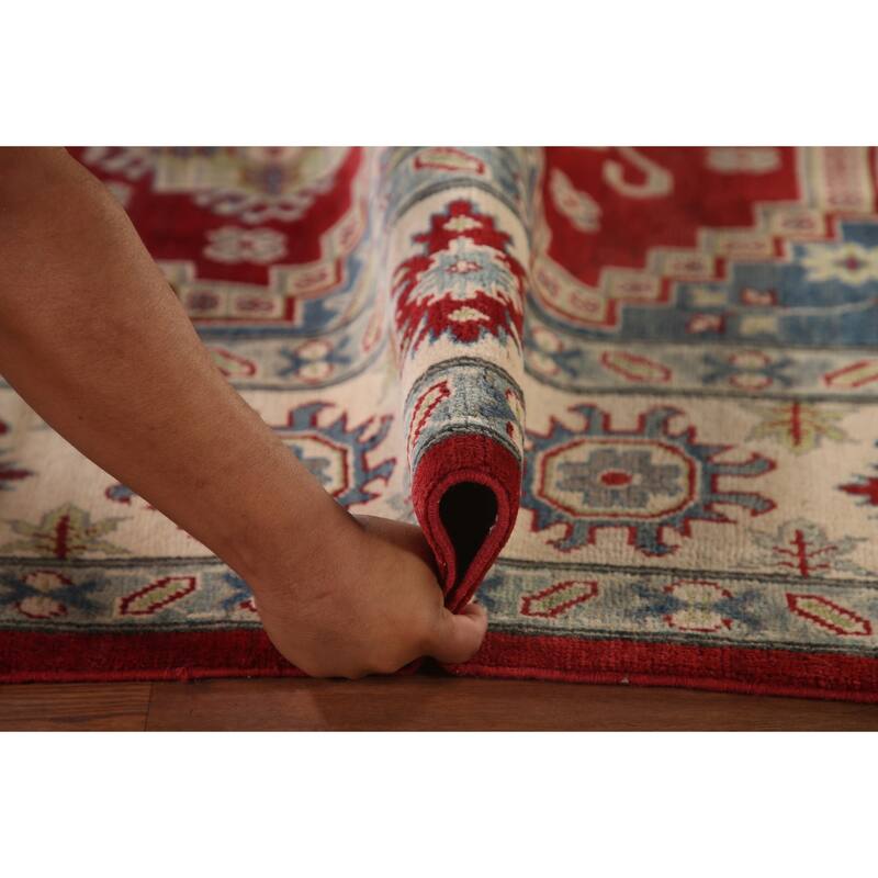 Red Kazak Area Rug Hand-Knotted Geometric Wool Carpet - 6'8" x 9'11"