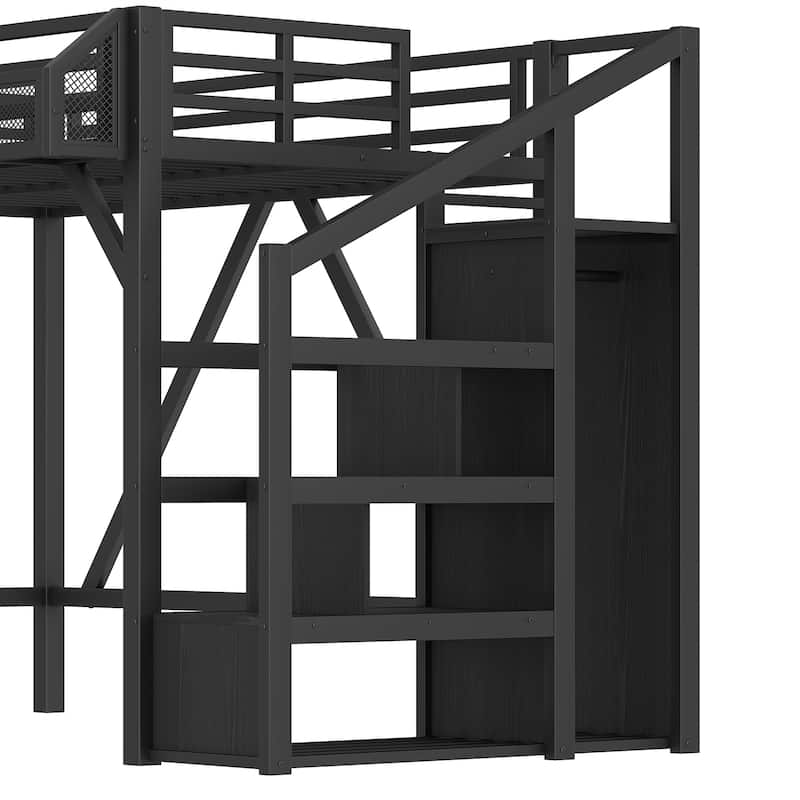Twin XL/Twin Metal Loft Bed with Storage Stairs, Wardrobe, USB Ports & LED Lights