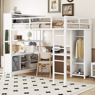 Full Size Loft Bed with Wardrobe, L-shaped Desk