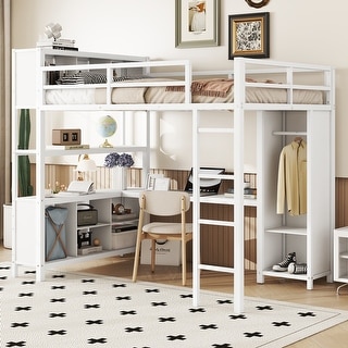 Multifunctional Full Size Metal Loft Bed with Wardrobe,L-shaped Desk,Storage Cubes and Shelves