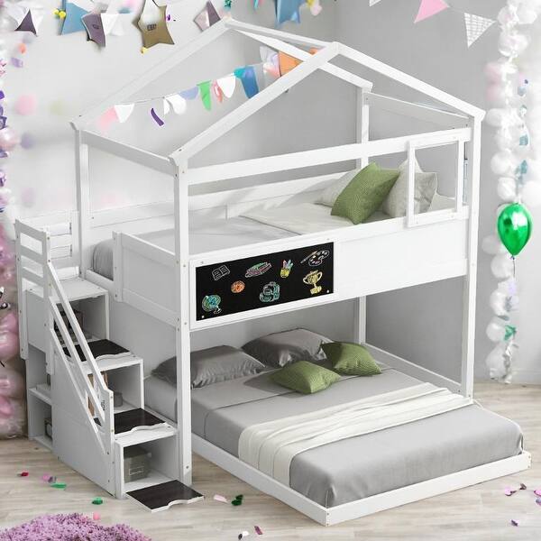 Twin over Full House Bunk Bed with Storage Staircase and Blackboard ...