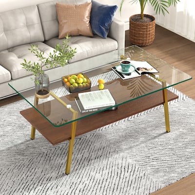 Rectangle Coffee Table with Tempered Glass Tabletop and Metal Legs