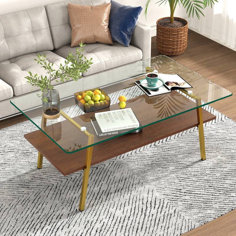 Rectangle Tempered Glass Tabletop with Gold Metal Legs - N/A - Transparent