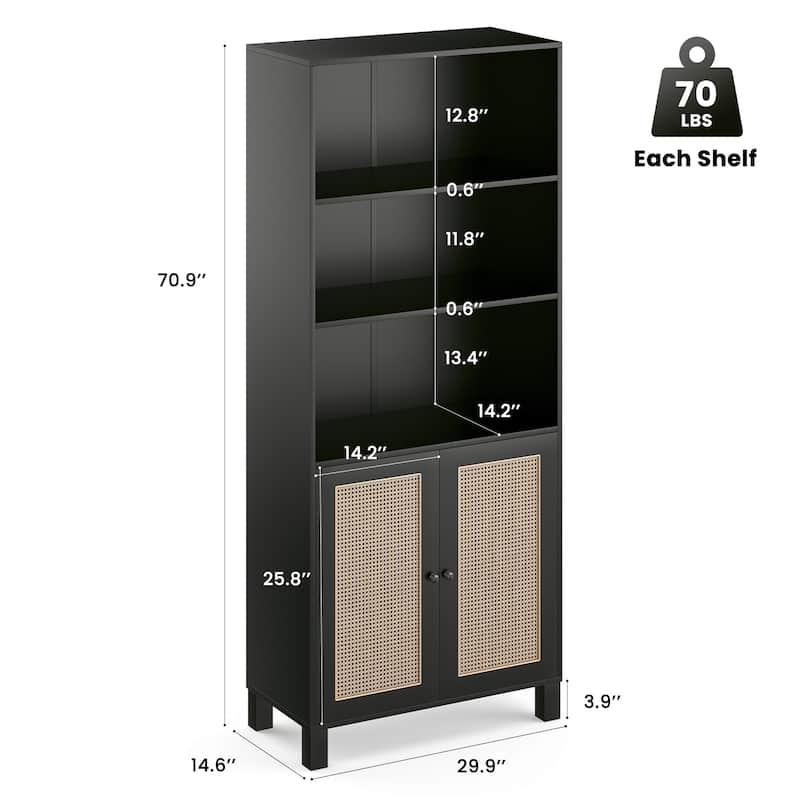 Tall Bookcase with Rattan Doors,5 Tier Storage Wood Shelves Large Bookshelf for Library Living Room Bedroom Home Office