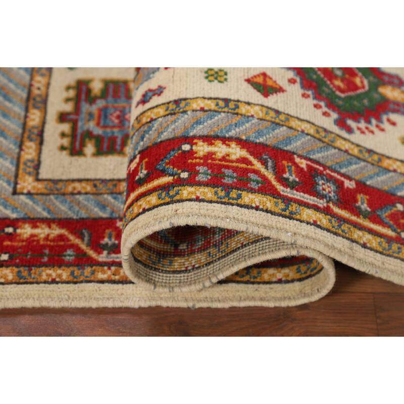 Traditional Kazak Foyer Rug Handmade Beige Geometric Wool Carpet - 3'4" x 4'11"