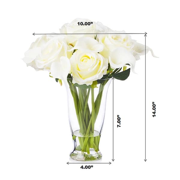 Enova Home Artificial Mixed Real Touch Lily and Silk Roses Fake Flowers Arrangement in Clear Glass Vase for Home Office Decor