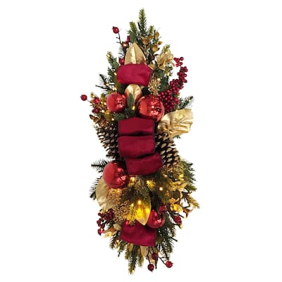 Puleo International 28" Pre-Lit Battery-Operated Adorned Banister Swag