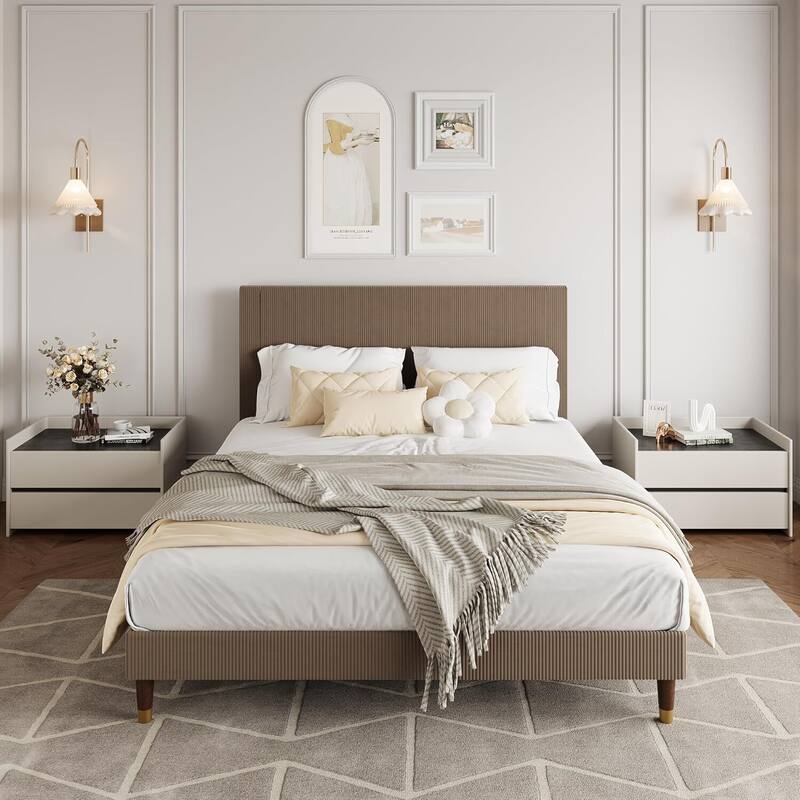 Soft Corduroy Fabric Platform Bed Frame with Upholstered Headboard, Brown - Queen