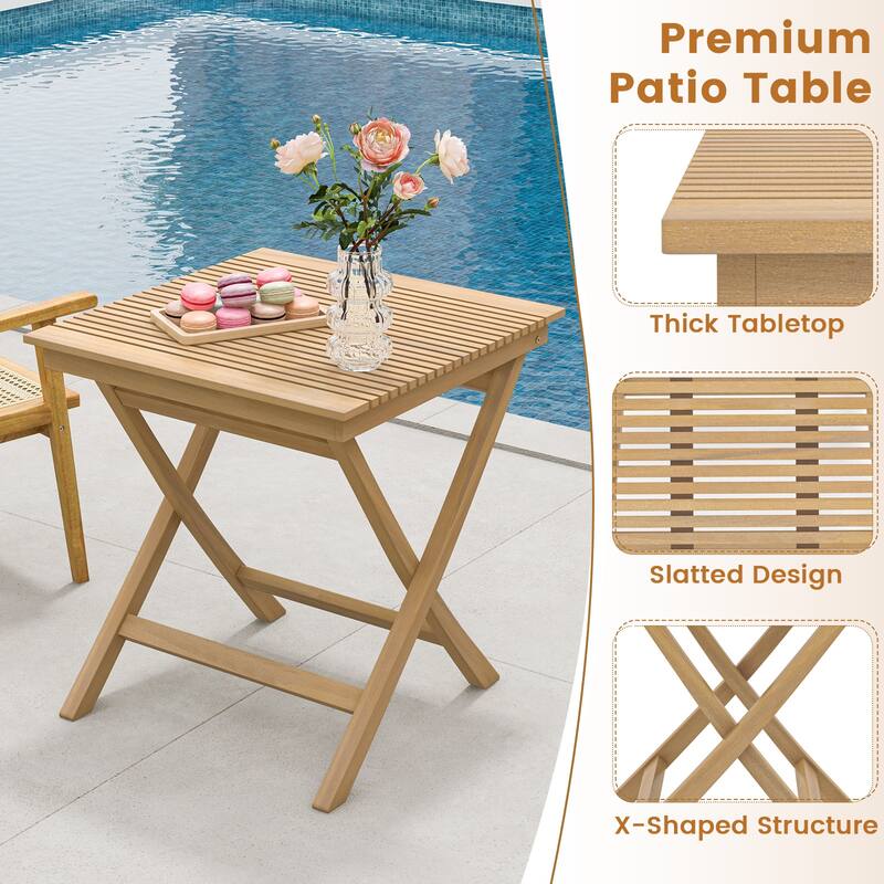 Gymax 3-Piece Patio Bistro Set Teak Wood Square Coffee Table & Folding