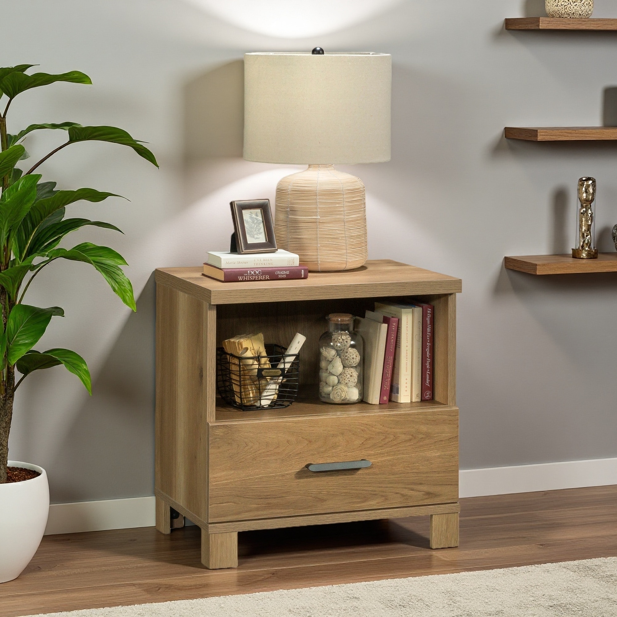 23.78"L Wooden Nightstand with Durable Drawer, Open Shelf, Casual Country Style Bedside or Accent Table with Easy Assembly