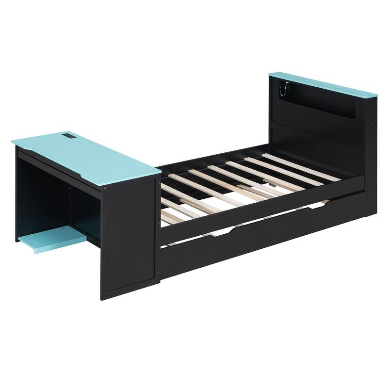 Wood Daybed with Trundle & Built-in Desk, LED Lights & USB Charging Port, Available in Full or Twin