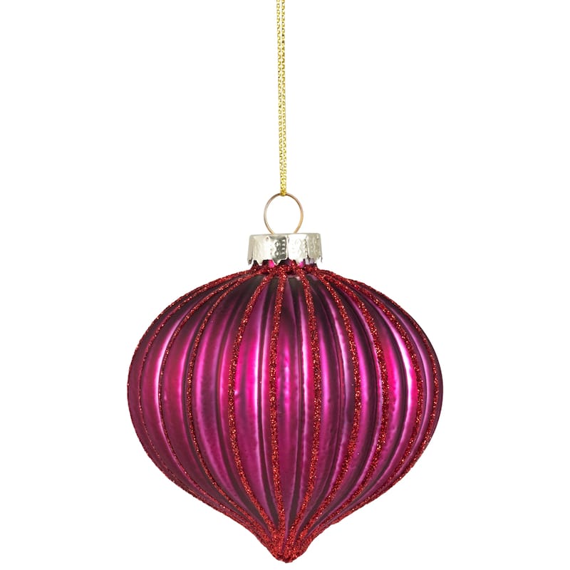 Glittered Onion Glass Christmas Ornaments - 3.25" - Maroon - 4ct