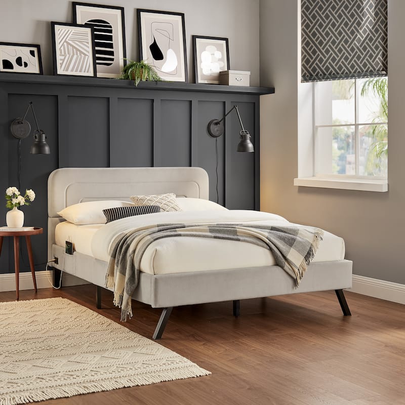 Studio Living Ashton Queen Upholstered Bed in Velvet Fabric - Light Grey