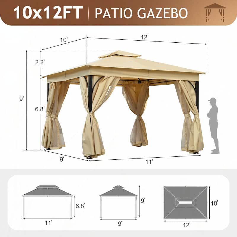 10x12 Outdoor Gazebo Tent with Double Roofs(Beige)