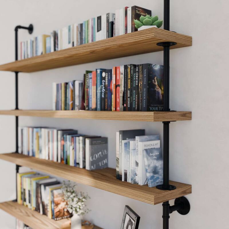 Wallniture 60" x 9.25" Pipe Bookcase, Industrial Book Shelving Unit, Hanging Shelves for Home Organization, Farmhouse, 5 Tier