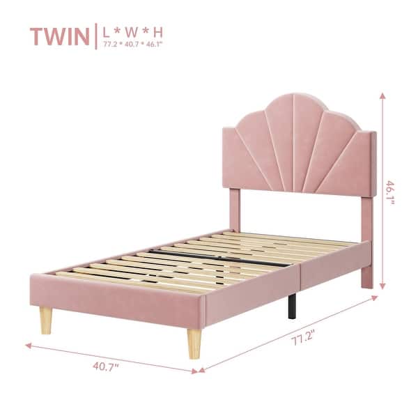 dimension image slide 2 of 4, Velvet Upholstered Twin Platform Bed Frame, with Height Adjustable Headboard