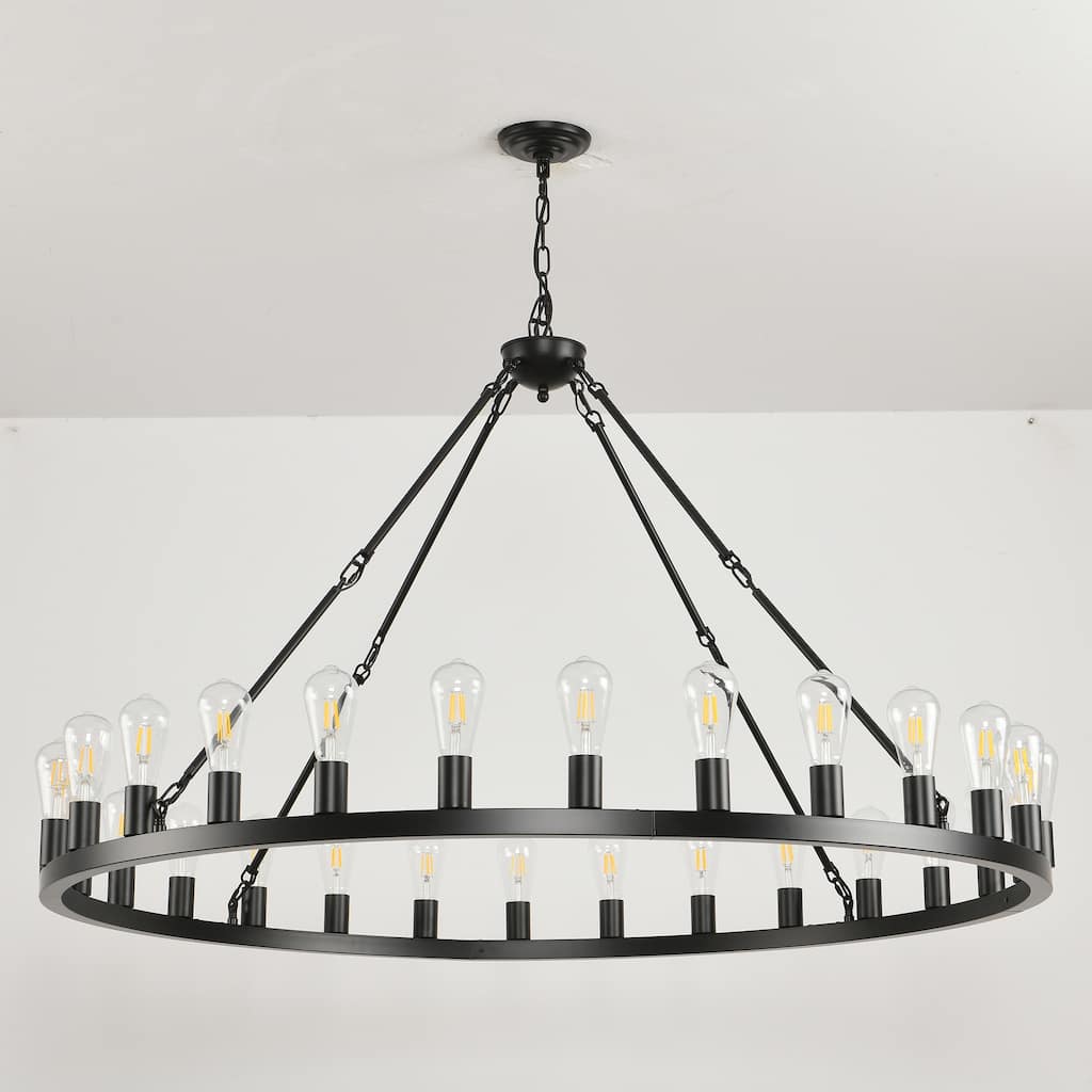 53.15 Inch Black Extra Large Wagon Wheel Chandelier, 28-Lights Round High Ceiling Adjustable Chain,E26