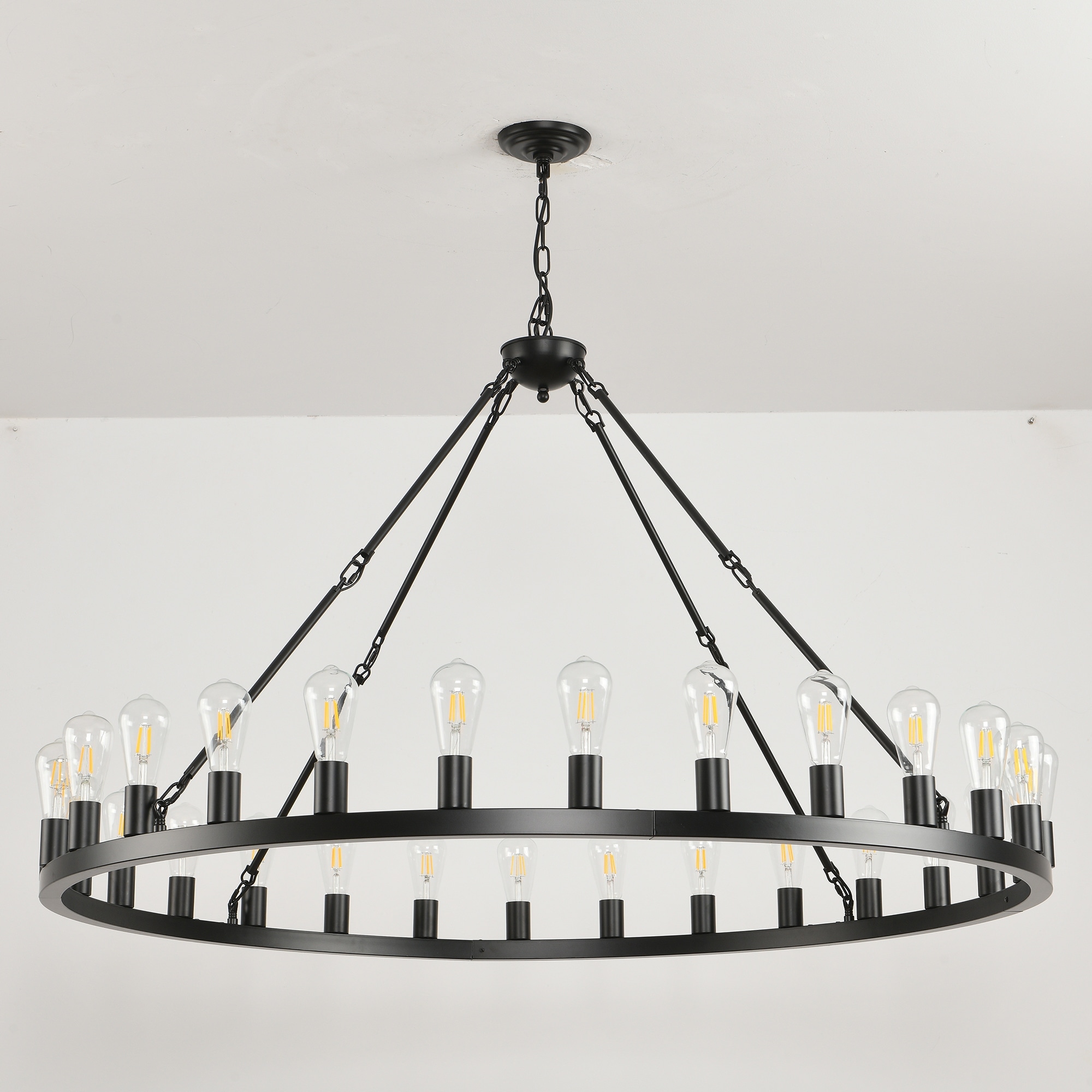 53.15 Inch Black Extra Large Wagon Wheel Chandelier,Farmhouse Industrial Round High Ceiling Pendant Light Adjustable Chain