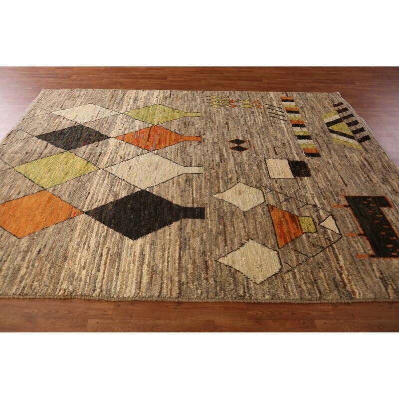 Geometric Beige Moroccan Oriental Area Rug Handmade Wool Carpet - 7'1" x 9'5"