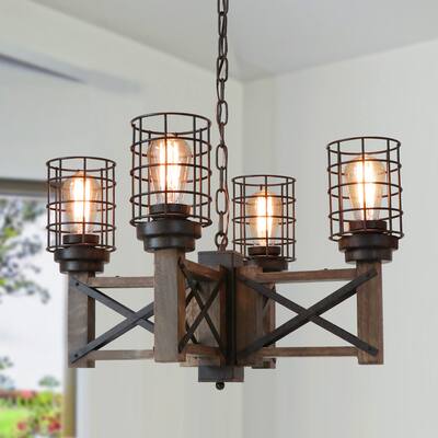 Anmytek Farmhouse Rustic Chandelier Metal and Wood Kitchen Island 4 Lights 23.9" W