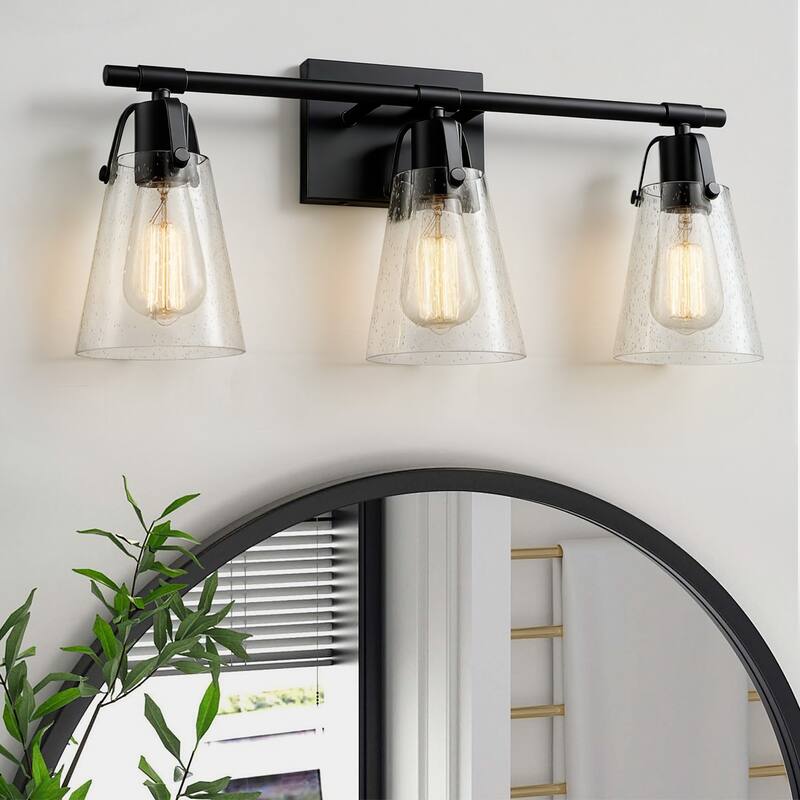 Modern Vanity Light Wall Mount Sconces with Glass Shade - 3-Light - Black
