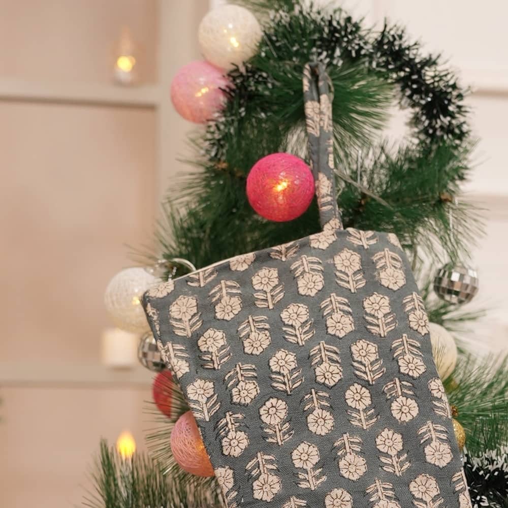 Fabdivine Handmade Christmas Stocking Floral Block Print 10X4.5 Inch Tassel Loop for Home Décor - 10"X4.5"