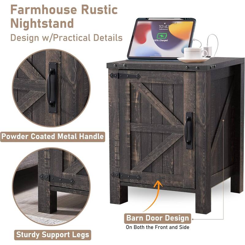 Farmhouse Nightstand with Charging Station, End Table with Barn Door