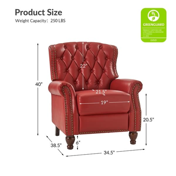 dimension image slide 6 of 7, Justine Transitional Genuine Leather Tufted Back Manual Recliner with Nailhead Trim and Rolled Arms by HULALA HOME
