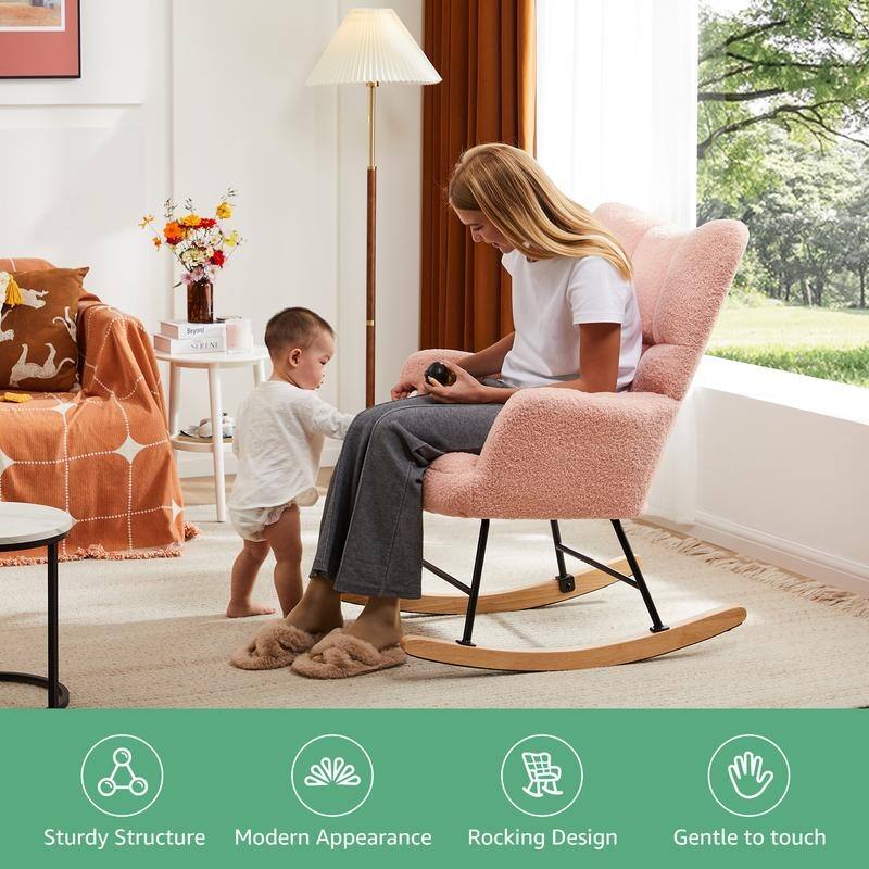 Rossetta Teddy Upholstered Thick Glider Accent Rocker with High Backrest and Sturdy Frame