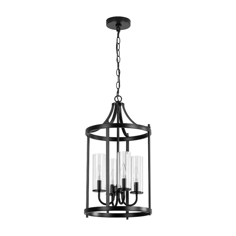 4-Light Traditional Black Drum Lantern Kitchen Island Pendant Lighting with Clear Glass Shade - 12.2 in. W x 22.44 in. H