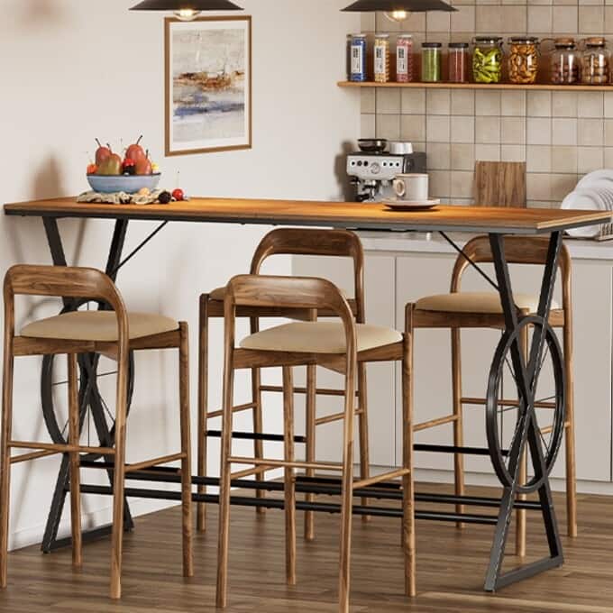 63" Counter Height Bar Table, High Pub Dining Table with Wheel-Design