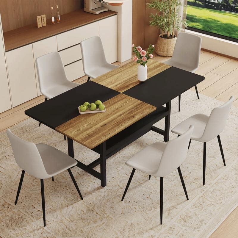 Modern 7-Piece Wood & Black Dining Table Set with Storage and 6 PU Leather Chairs