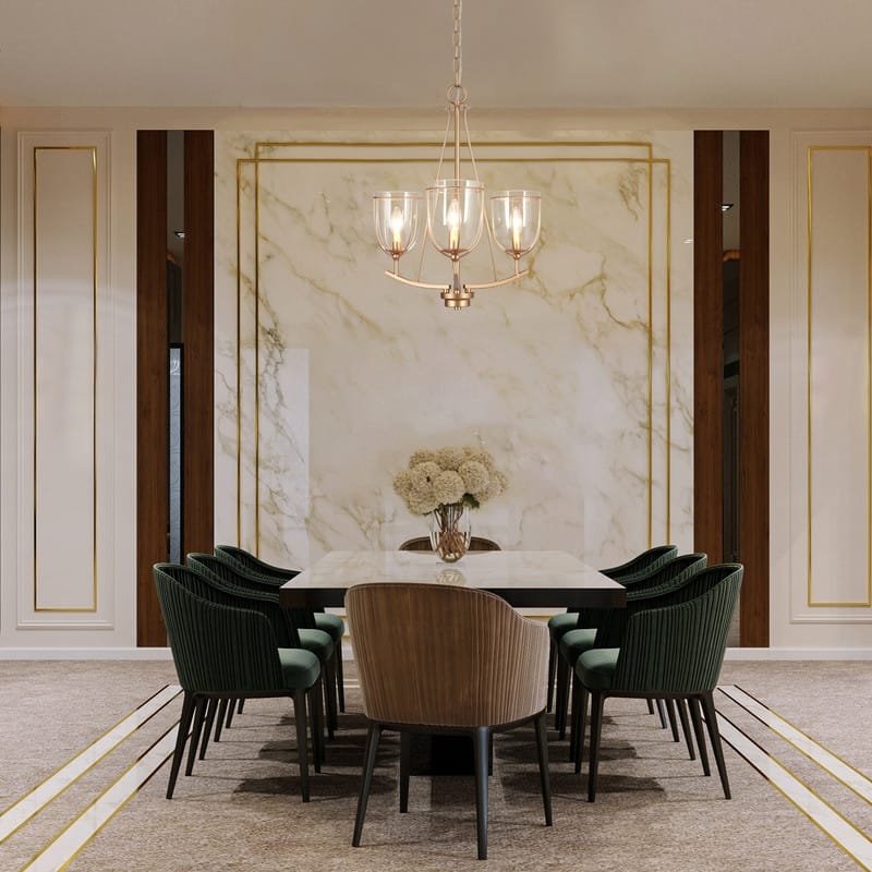 Modern 3-Light Goblet Glass Chandeliers Gold Frame Hanging Lights for Dining Room - D19'' x H82''