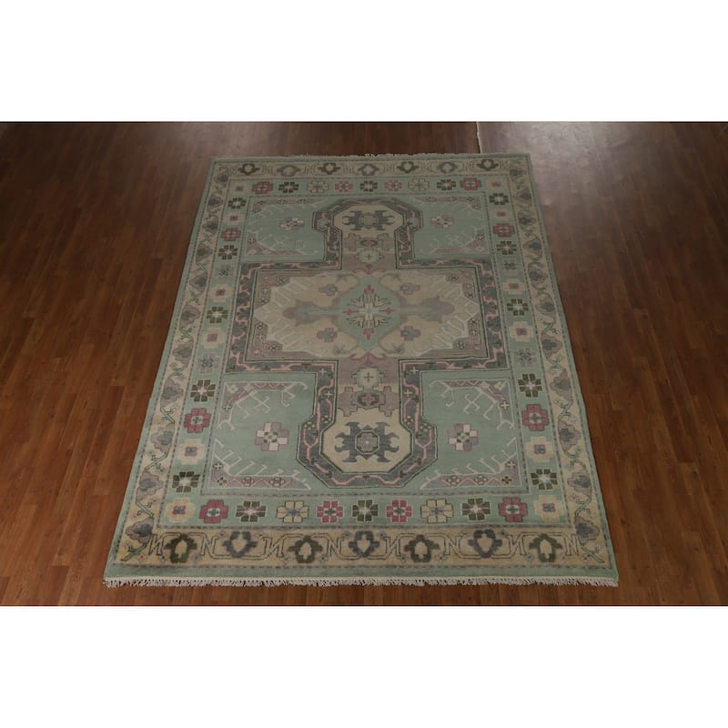 Green Geometric Oushak Indian Area Rug Hand-Knotted Wool Carpet - 7'6" x 10'0"