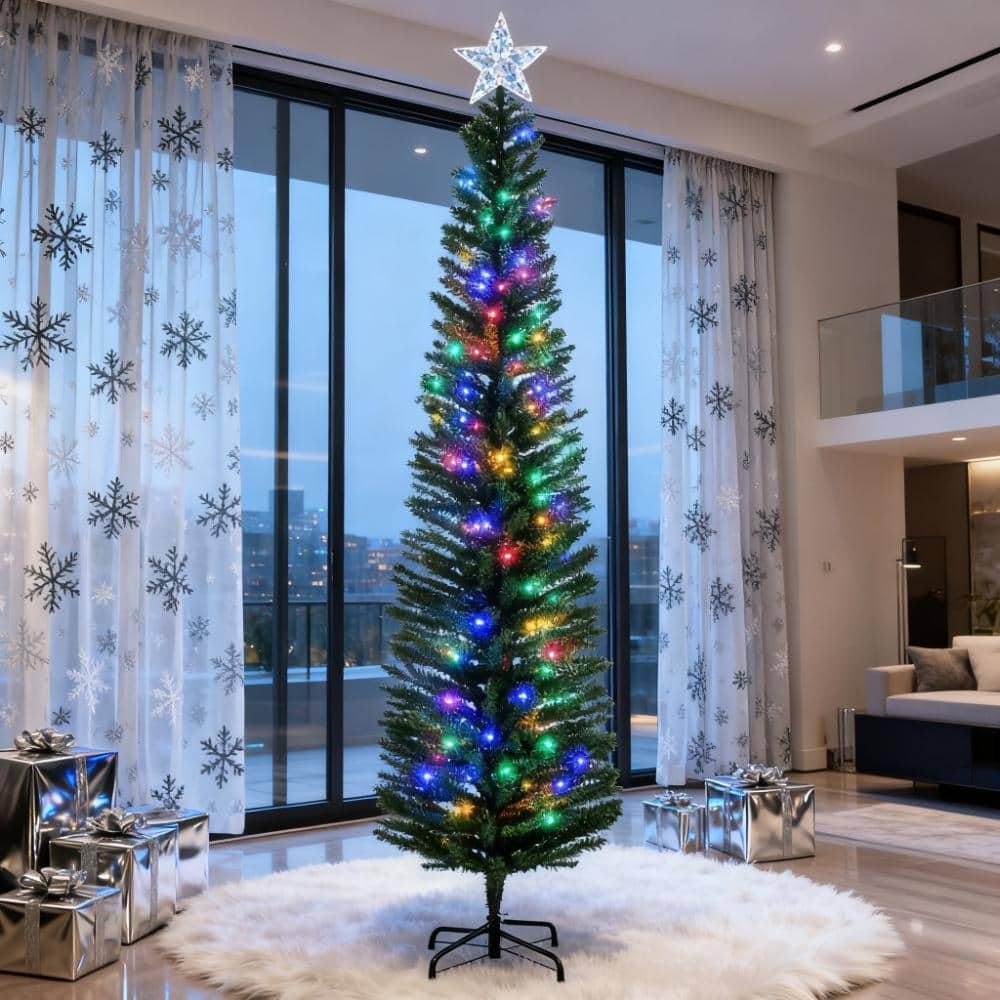 7' Artificial Pencil Christmas Trees, Holiday Decoration with Colorful LED Lights - Green