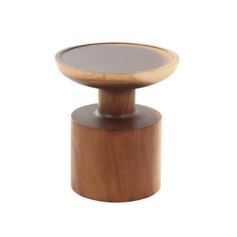 Brown Wood Handmade Side End Accent Table with Cylinder Block Base