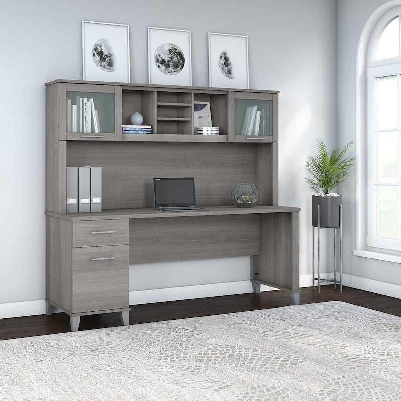 Bush Furniture Somerset 72W Office Desk with Hutch in Ash Gray - Platinum Gray