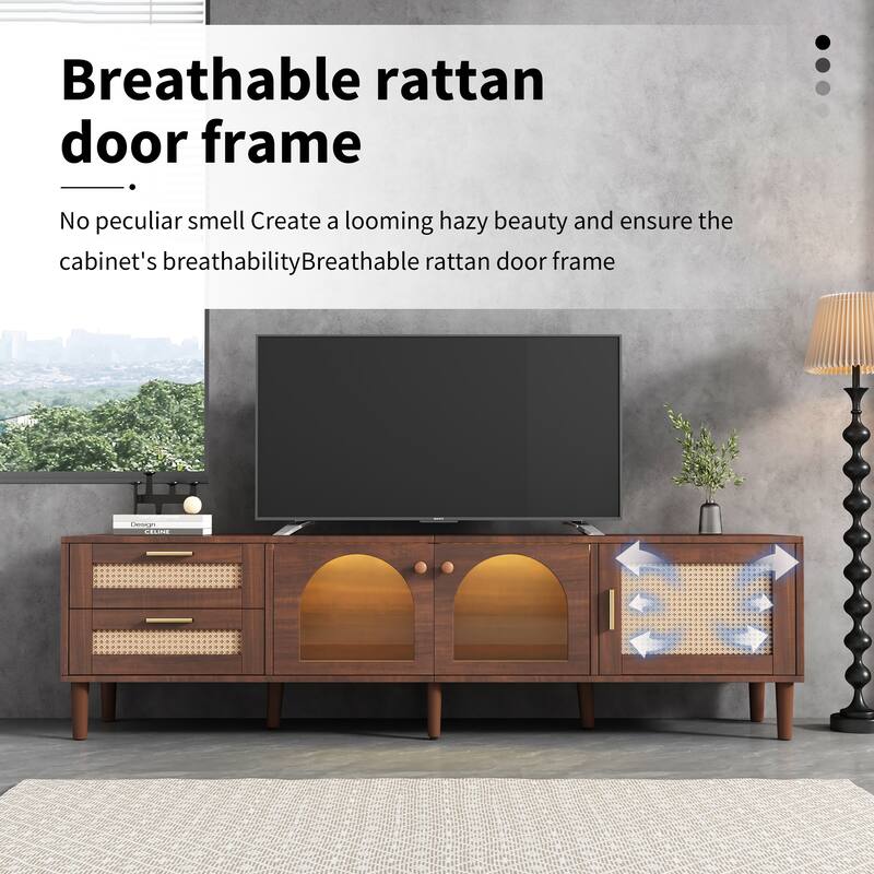 Rattan-Textured TV Stand with LED Lighting & Storage, 70" Media Console for 80" TVs - Ideal for Living Room & Bedroom