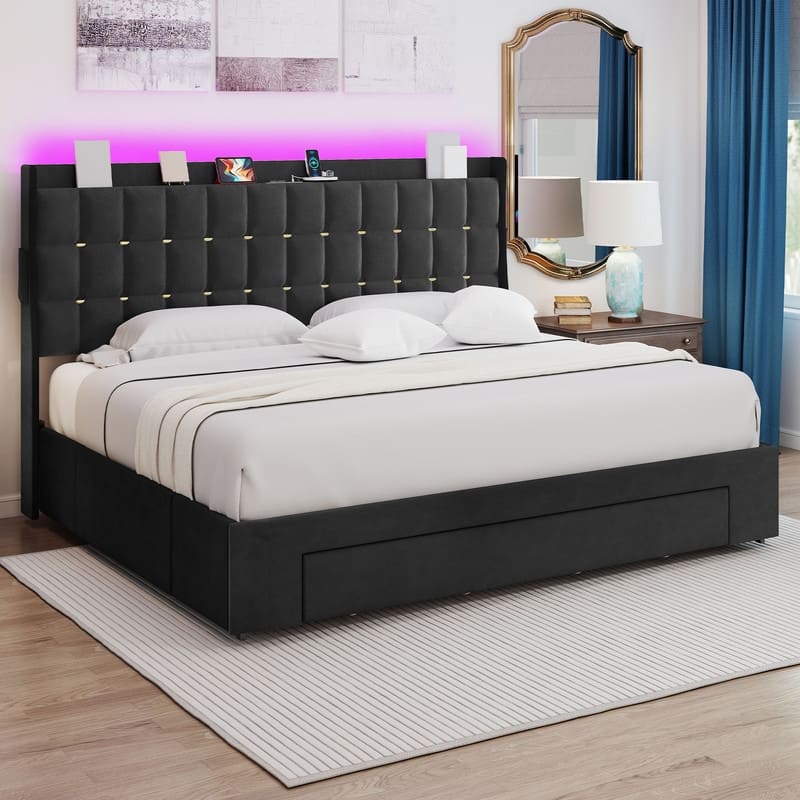 Moasis King Size Velvet Platform Bed with 4 Drawers,Bed Frames with RGB Light & Built-in Charging Station